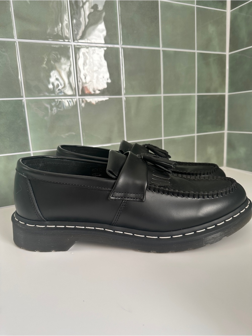 Dr. Martens Adrian Black Leather Tassel Loafers for Men - White Stitch - Picture 2 of 7